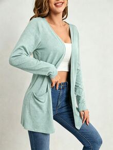 SHEIN LUNE 女款素色長袖口袋設計開襟休閒夾克 - 綠色 - 查看 4