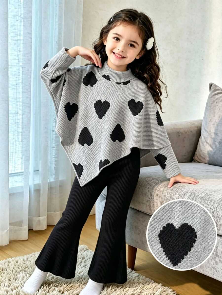 SHEIN Elladie kids 女童休閒T恤套裝,不對稱設計套頭高領深棕色針織羅紋布料袖子極地絨喇叭褲,2件套秋季 - 灰色 - 查看 1