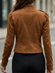 SHEIN Women's High-Quality Vintage Court Style Stand Collar Double-Breasted Gold Button Velvet Short Jacket With Puff Sleeves And Metal Decorative Buttons, Suitable For Commuting, Outings, Dates And Light Business Occasions - Brown - View 2