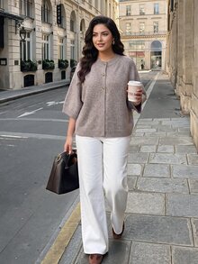 Dripcurv Plus Size Women Solid Color Casual Versatile Daily Outing Cardigan - Khaki - View 4