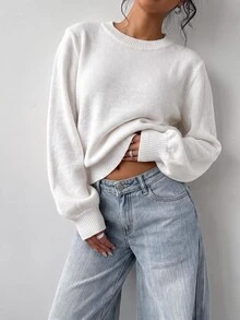 SHEIN BASICS 女款休閒簡約圓領長袖純色針織衫 - 白色 - 查看 5