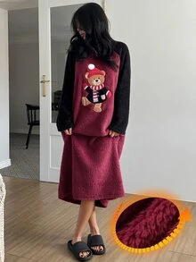 DAZY Women's Autumn/Winter Coral Fleece Cute Bear Pattern Colorblock Raglan Sleeve T-Shirt Dress Nightgown - Red - View 5
