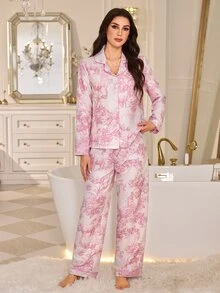 LuxeNights Minimalist Comfortable Long Sleeve Lapel Pajama Set, Vintage Artistic Print Loungewear 2 Pieces Set - Pink - View 5
