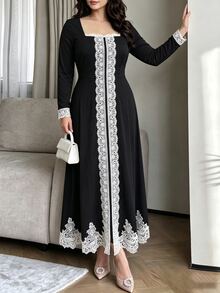 Modelyn Black Knitted Dress With Lace Trim, Elegant Fashionable Celebrity Style, Slim Fit Long Sleeve Dress, Plus Size - Black - View 1