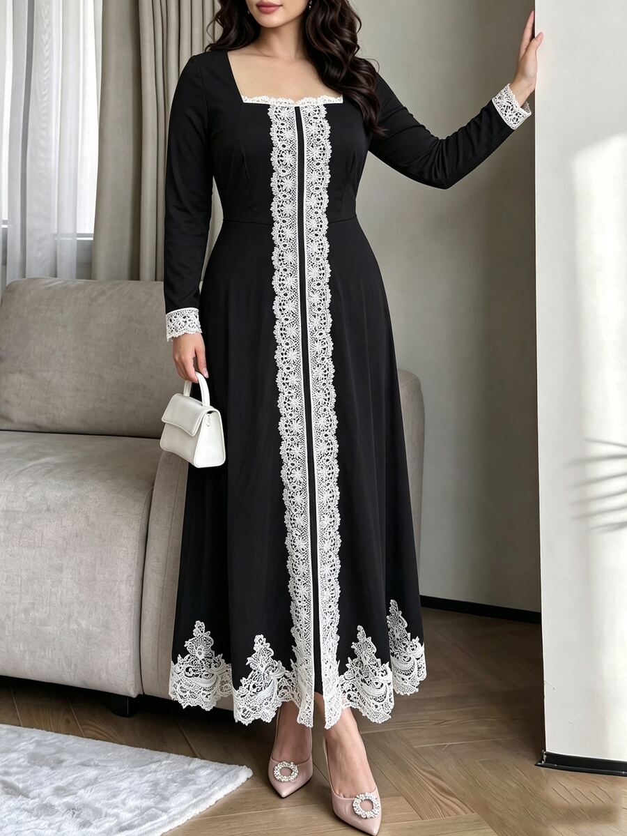Modelyn Black Knitted Dress With Lace Trim, Elegant Fashionable Celebrity Style, Slim Fit Long Sleeve Dress, Plus Size - Black - View 1