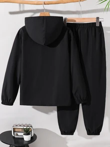 SHEIN 兒童 2件組 青少年男孩休閒運動圖案連帽外套與長褲套裝，適合學校、日常穿著、度假、運動，秋冬款 - 彩色 - 查看 3