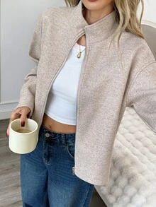 Easowa Áo khoác ngoài cổ cao kéo khóa nữ - Màu Khaki - Xem 1