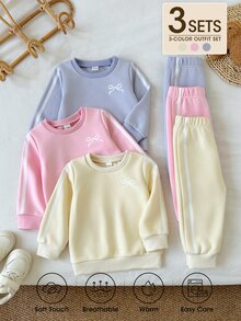 SHEIN Playful Pals 3套幼兒女童運動衫長褲套裝，可愛甜美粉色薰衣草黃色蝴蝶結側條紋長袖圓領常規款，適合戶外秋季慢跑舒適運動 - 彩色 - 查看 1