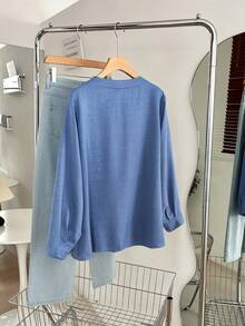 Lacomfia Haze Blue Long Sleeve Loose Fit Striped Trim Frill Trim Plus Size Shirt - Dusty Blue - View 2