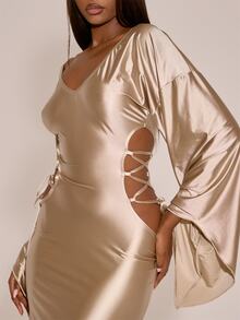 MUSERA Off The Shoulder Fitted Waist Cutout Detail Maxi Length Dress Sexy Evening Night Going Out Fall Winter Autumn Solitude - Khaki - View 5