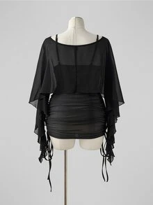 Sunspun Plus Size Spring/Summer Sheer Top & Fitted Drawstring Camisole Dress 2 Pieces Set - Black - View 2
