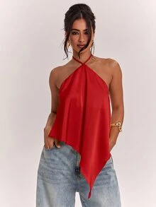 SHEIN BAE 春夏女款休閒度假掛脖露背不對稱下擺黃色純色緞面背心，適合海邊度假、海灘假期、姐妹休閒度假，優雅實用黃色緞面背心 - 紅色 - 查看 4