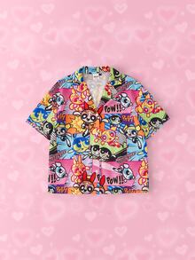 THE POWERPUFF GIRLS X SHEIN 女款短袖領口襯衫，卡通印花，波普藝術風格角色滿版印花 - 粉色 - 查看 7
