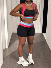 SHEIN Core Rhythm 2026 Summer New Women's Plus Size Sporty Colorblock Tank Top & Adjustable Double Strap Bikini Bottom 2 Pieces Swimsuit - Multicolor - View 3