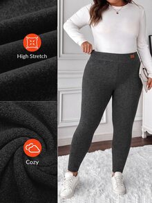SHEIN CURVE+ 大尺碼女款休閒純色內搭褲，百搭極簡風，適合工作/辦公室/健身房，秋冬保暖內搭褲 - 灰色 - 查看 3