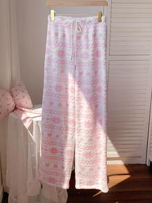 Comfortcana Women's Fluffy Snowflake & Geometric Pattern Long Pants, Comfortable For Home Wear - Pink - View 5