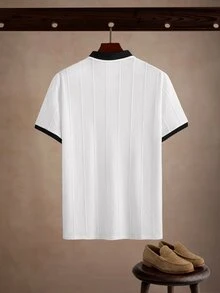 Core Aspect 男士白色提花針織 Polo 衫，標準版型對比領刺繡短袖 Polo 衫，學院風商務休閒日常辦公上衣 - 白色 - 查看 2
