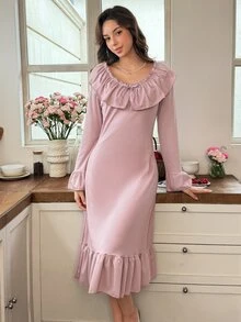 Snug Reverie Gaun Santai Wanita Gaya Prancis dengan Ruffle, Leher V, dan Pita, Panjang Sedang - Dusty Pink - View 5