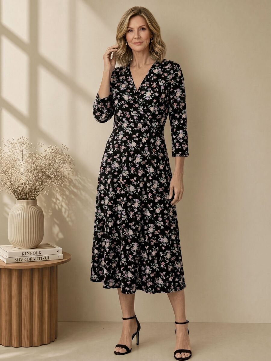 EMERY ROSE Women's High Waist Long Sleeve Pattern Print Dress