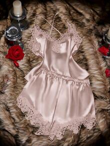 SilkySpell Women's Lace Trim V-Neck Backless Faux Silk Camisole & Shorts Pajama Set - Champagne - View 7