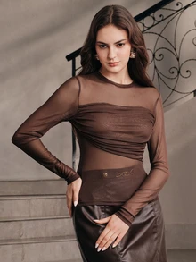 Anewsta Early Autumn New Solid Color Front Pleated Ruched Design Slim Fit Elastic Mesh Fabric Daily Commute Versatile Women's Long Sleeve T-Shirt Top - Coffee Brown - View 6