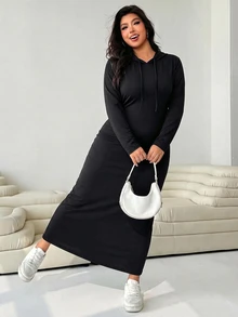 Solflare Plus Size Women's Casual Loose Long Sleeve Hooded Dress - Black - View 4