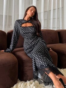 Aloruh Minimalist Commuter Contrast Lace Cutout Long Sleeve Black & White Polka Dot Long Dress For Women - Black and White - View 3