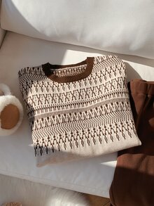 Comfortcana Sweater Kasual Serbaguna Lengan Panjang Bergaris Kerah Bulat untuk Wanita - Aprikot - View 5