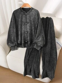 CosyJoli 大尺碼女款落肩長袖青蛙鈕扣門襟夾克與長褲休閒兩件套 - 藏蓝色 - 查看 4