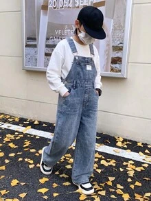 SHEIN Tween Boy Fashion Casual Label Blue Loose And Comfortable Backtie Jeans For Cool - Blue - View 3