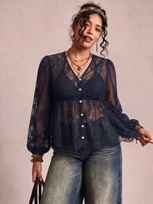Freevana 女款蕾絲貝殼鈕扣透視襯衫 大尺碼 寬鬆 優雅休閒 日常外出通勤度假 春夏女裝大尺碼襯衫 - 寶藍色 - 查看 8