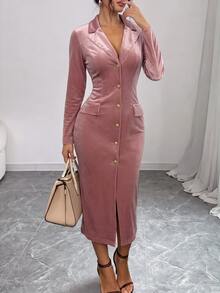 SHEIN Elenzya Women's Solid Color Long Sleeve Collared Waist-Cinching Button-Up Dress - Pink - View 6