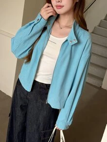 K-Vae Women's Light Blue Stand Collar Loose Casual Zip-Up Cardigan Jacket Top - Blue - View 4