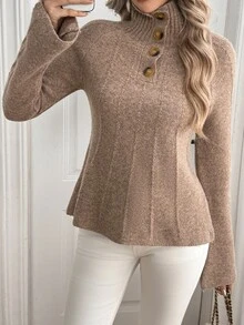 Sprig & Strand Women's Autumn/Winter Vintage Minimalist Half-Button Knit Sweater Top - Khaki - View 3