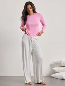 Ocili Comfortable Ribbed Rayon Contrast Color Scalloped Hem Women's Loungewear Top - Pink - View 7