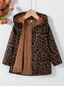 Young Girl Leopard Print Hooded Jacket With Fleece Lining, Button Front Long Sleeve Casual Coat For - Brown - View 5