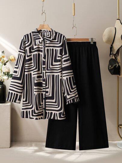 Lacomfia Plus Size Women's Casual Printed Shirt & High Waist Straight Leg Pants 2 Pieces Set