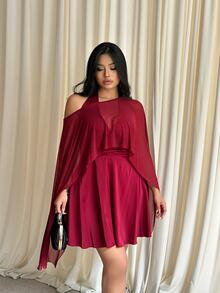 GalTyme Plus Size Women Solid Color Asymmetrical Shoulder Top And Halter Neck Dress Elegant 2 Pieces Set - Burgundy - View 6