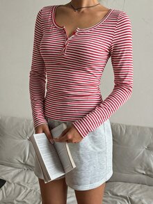 CovetEZ 女款春夏棉混紡紅色條紋半拉鍊T恤 - 紅色 - 查看 5