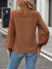 SHEIN Clasi 女款高領波點燈籠袖時尚休閒長袖上衣 - 棕色 - 查看 2