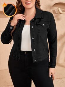 EMERY ROSE Plus Size Lapel Pocket Single-Breasted Denim Jacket - Black - View 1
