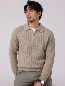 Manfinity Homme Men's Cable Knit Raglan Sleeve Zip-Up Casual Sweater - Khaki - View 1