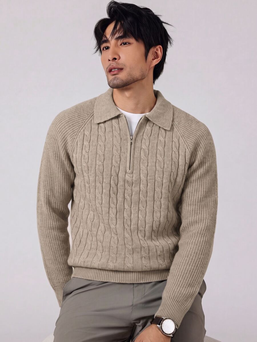Manfinity Homme Men's Cable Knit Raglan Sleeve Zip-Up Casual Sweater - Khaki - View 1