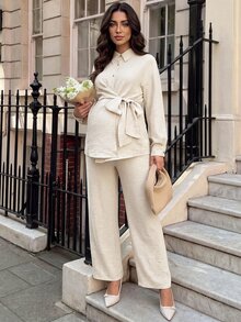 SHEIN 孕婦紋理長袖上衣與可調腰長褲 2 件套裝 - 杏色 - 查看 2