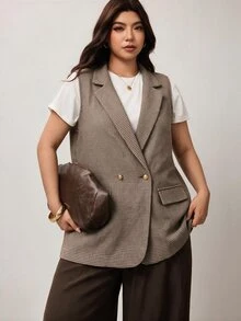 Enliva Plus Size Plaid Lapel Vest Top Apple - Brown - View 3