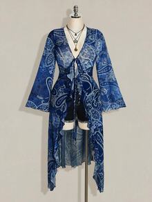 SHEIN ICON 大尺碼女款V領滿版印花休閒日常穿著上衣 - 寶藍色 - 查看 3