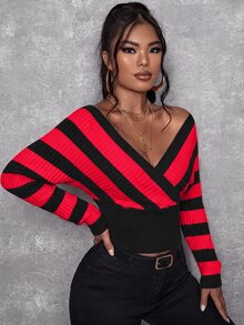 SHEIN SXY 女款拼色條紋圖案長袖重疊設計收腰針織衫 - 紅色 - 查看 4