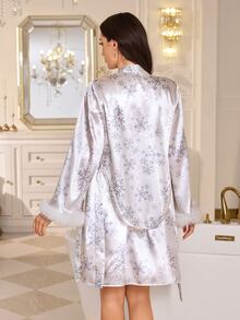 LuxeNights White Snowflake Print Lace Trim Collar And Hemline Fur Trim Cuff Elegant Women's Pajama Set - White - View 2