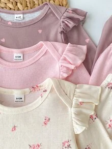 SHEIN Vintaside Kids 女嬰連身衣 2 件組 長袖花卉印花褲 日常穿著 卡其色與炭灰色 秋冬款 - 彩色 - 查看 6