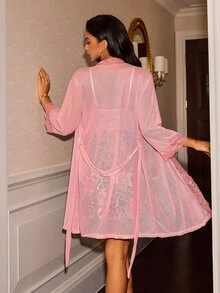 Slumberist Women's Sexy Lace Patchwork Leopard Print Floral Mesh Nightgown And Robe Set - Pink - View 2